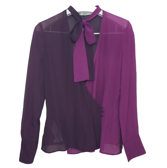 MANGO 2 tones sheer wrap bow tie long sleeves blouse - Picture 2 of 16